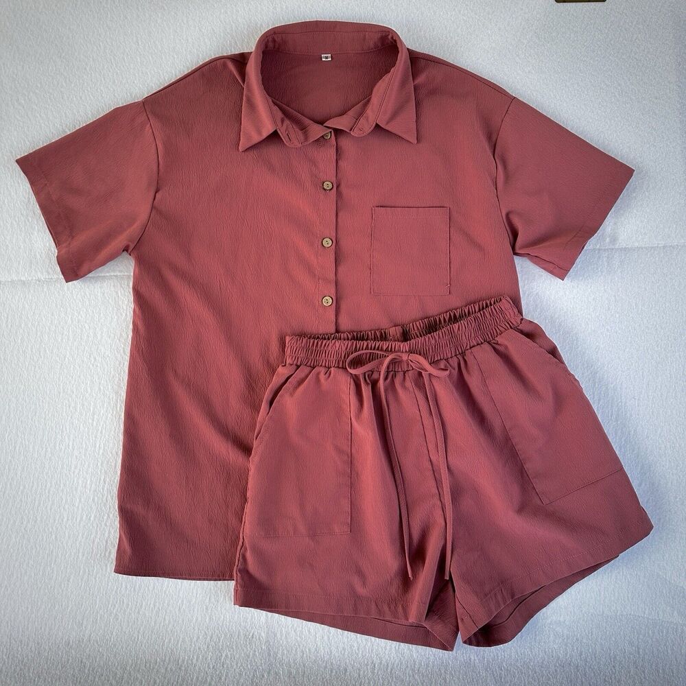 2 Piece Button Up Short Set - M - Antiwrinkle Fabric - Elastic Waist
